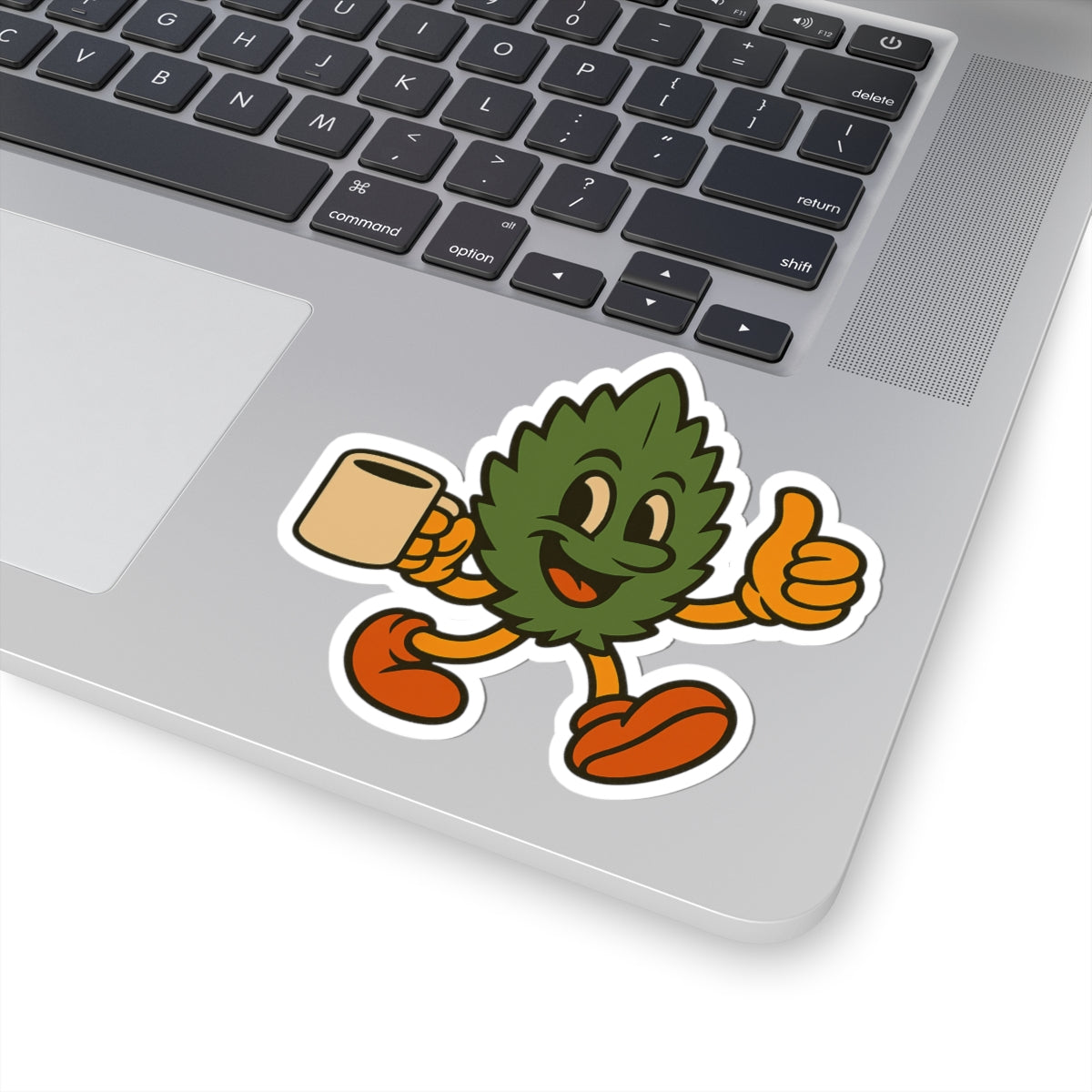 Retro Coffee Leaf Sticker — Cute Thumbs-Up Plant Character Kiss-Cut Decal