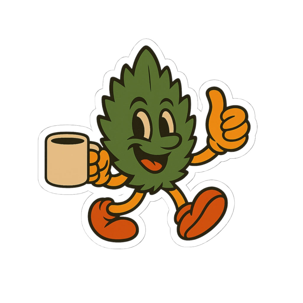 Retro Coffee Leaf Sticker — Cute Thumbs-Up Plant Character Kiss-Cut Decal