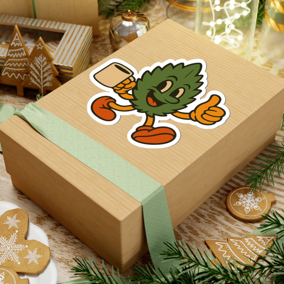 Retro Coffee Leaf Sticker — Cute Thumbs-Up Plant Character Kiss-Cut Decal
