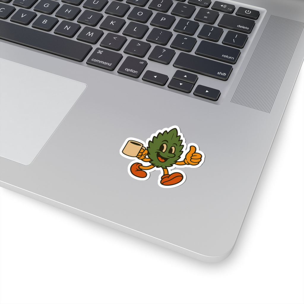 Retro Coffee Leaf Sticker — Cute Thumbs-Up Plant Character Kiss-Cut Decal