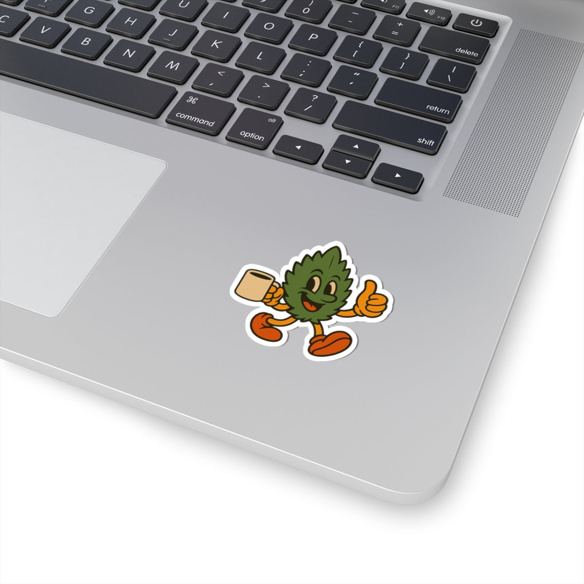 Retro Coffee Leaf Sticker — Cute Thumbs-Up Plant Character Kiss-Cut Decal